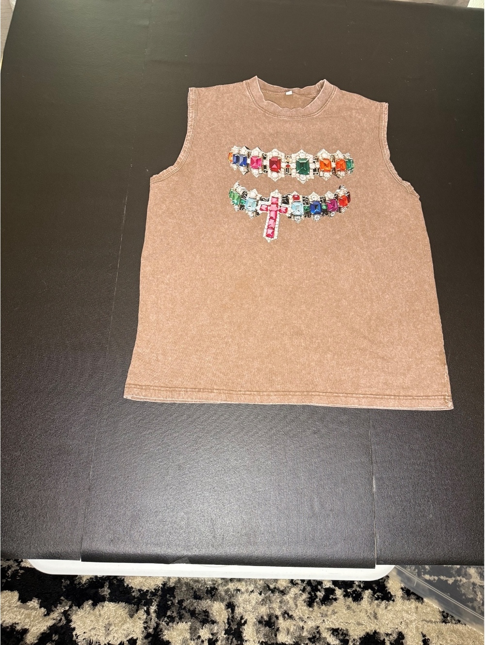 Sleeveless Brown Knit Top with Colorful Gemstone Embellished